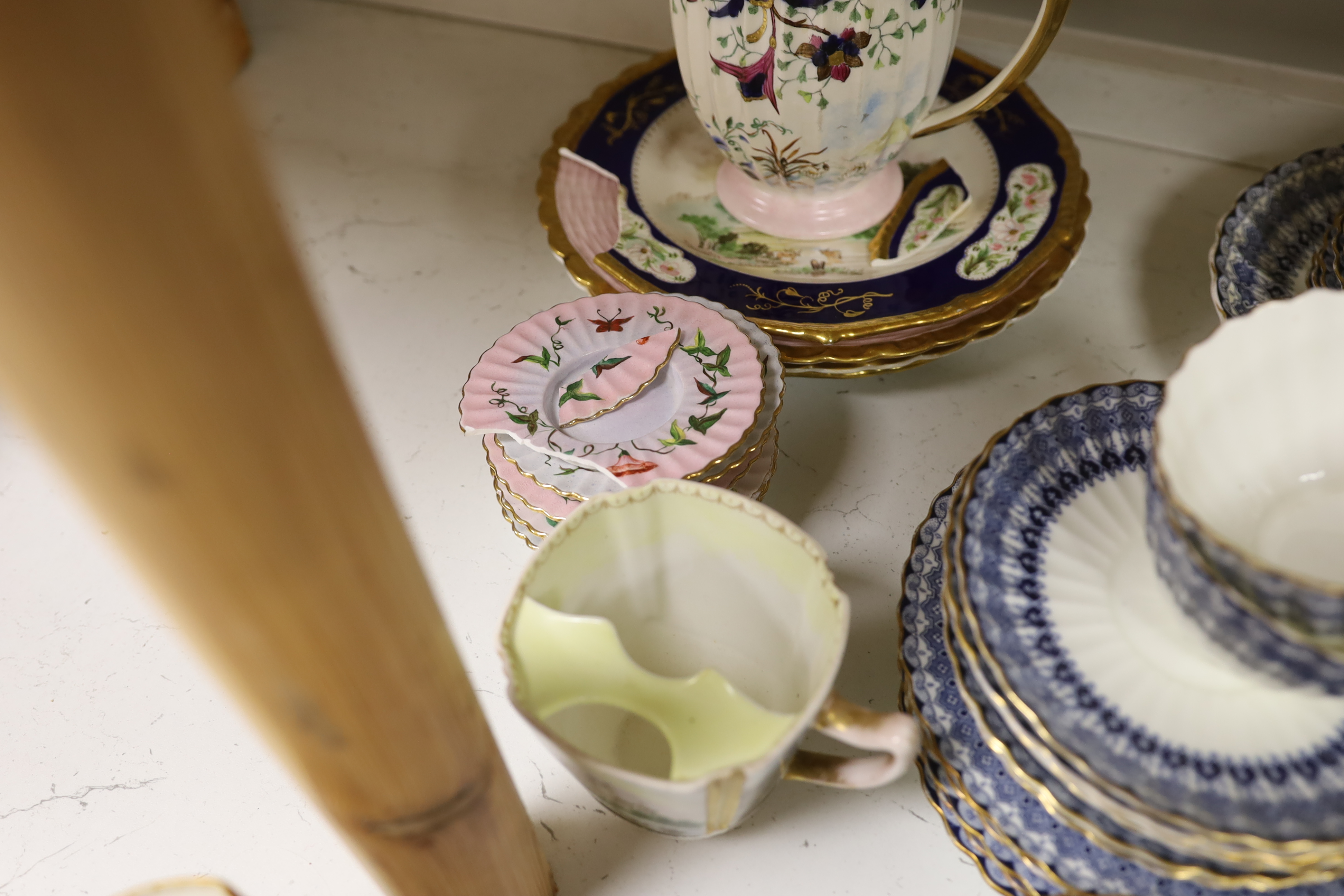 A Copeland Spode porcelain part tea set and two dishes, painted with scenes after Birkett Foster, a blue and white teaset and other teaware, Copeland Spode dishes 25cm wide